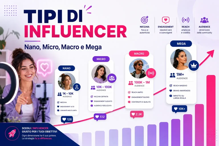 Piramide dei tipi di influencer: nano, micro, macro e mega a confronto per follower, engagement e obiettivi di marketing