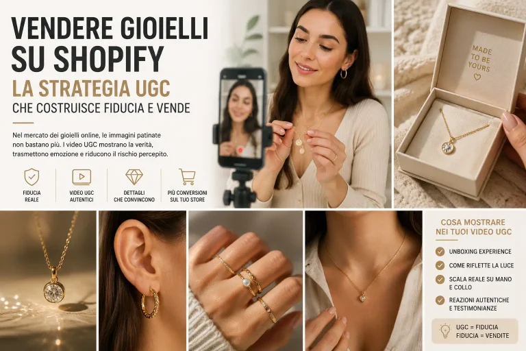 Video UGC di gioielli che mostra come il prodotto riflette la luce e si indossa nella vita reale, strategia per vincere la diffidenza sui materiali online